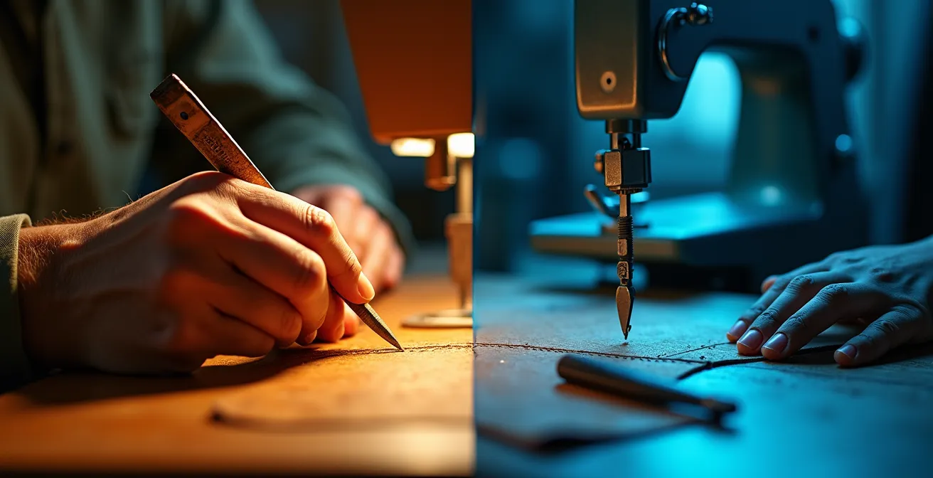 Split composition showing artisanal craftsmanship versus mass production methods