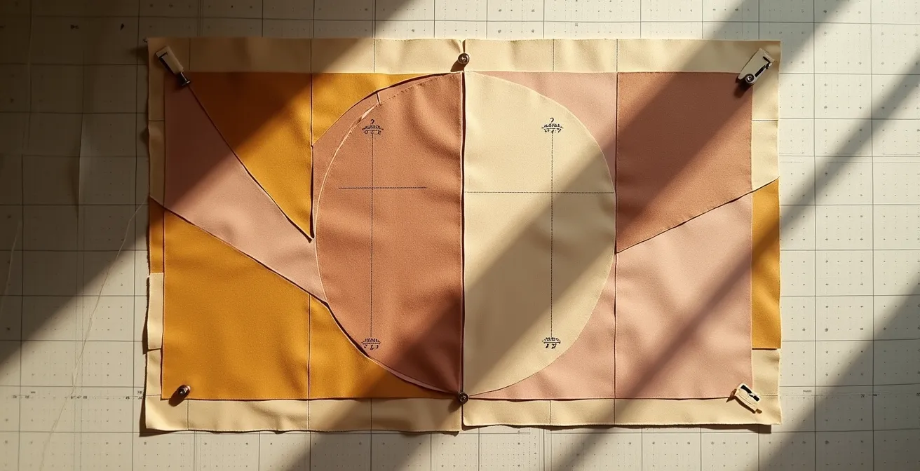 Overhead view of fabric cutting table with geometric pattern layouts minimizing waste